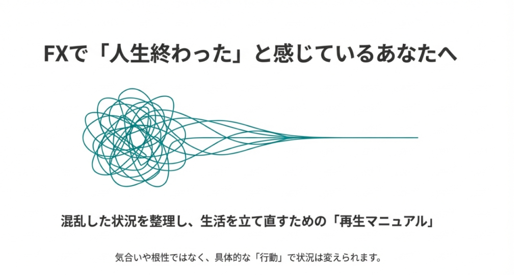 FXで人生終わったと感じている人に向けた再起マニュアルの表紙スライド。混乱した線が一本に整うイメージ図と、生活を立て直すための行動を示すタイトルがある
