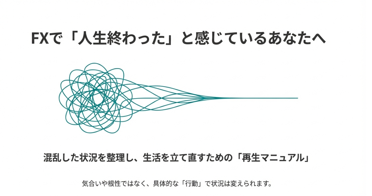 FXで人生終わったと感じている人に向けた再起マニュアルの表紙スライド。混乱した線が一本に整うイメージ図と、生活を立て直すための行動を示すタイトルがある