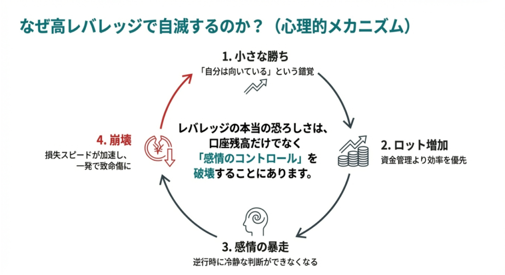 小さな勝ちからロット増加、感情の暴走、崩壊へ進む高レバ取引の心理的メカニズムを円環で示した図解