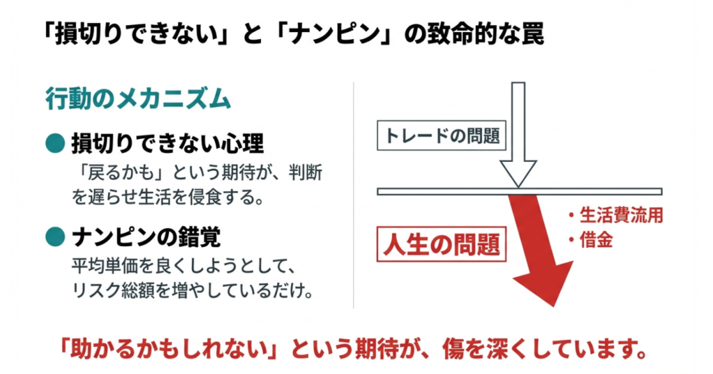 損切りできない心理とナンピンの錯覚が、生活費流用や借金など人生の問題に広がる様子を示したスライド