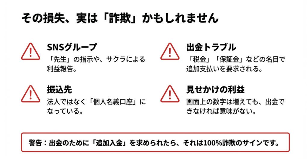 SNSグループ、個人口座への振込、出金トラブル、見せかけの利益など、詐欺を疑うべき代表的なサインを整理したスライド