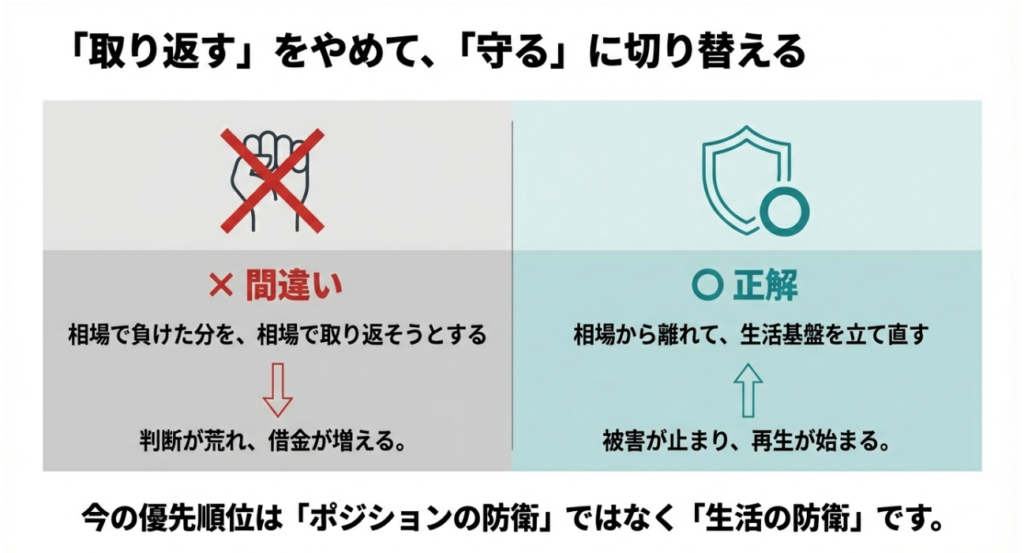 相場で取り返そうとする誤った行動と、生活基盤を守る正しい行動を左右で比較したスライド