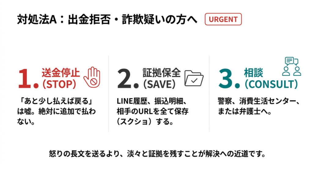 出金拒否や詐欺が疑われるときに、送金停止、証拠保全、相談の3段階で動くべきことをまとめたスライド