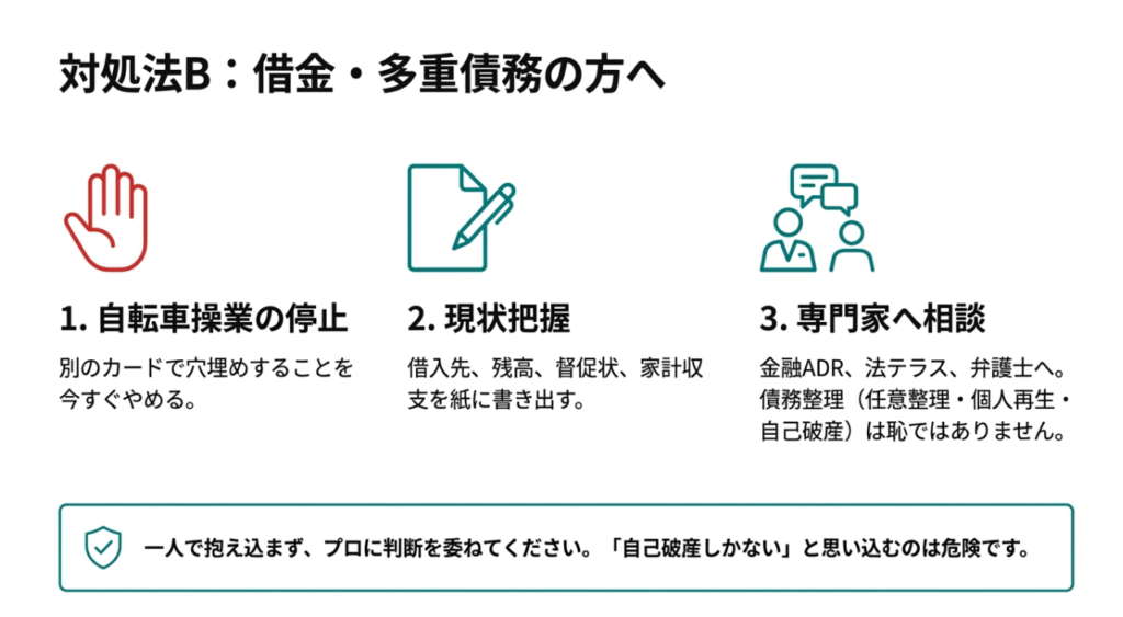 自転車操業の停止、現状把握、専門家相談の3ステップで借金問題に向き合う流れを示したスライド