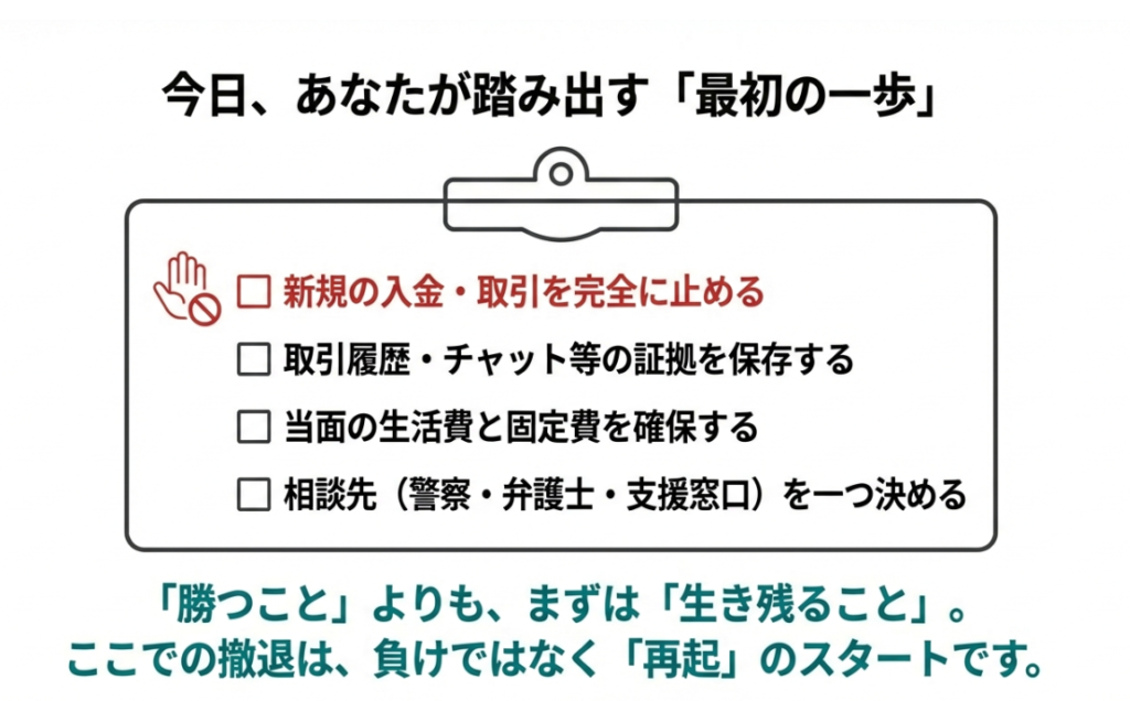 新規の入金停止、証拠保存、生活費確保、相談先の決定という再起の最初の一歩を整理したチェックリスト形式のスライド