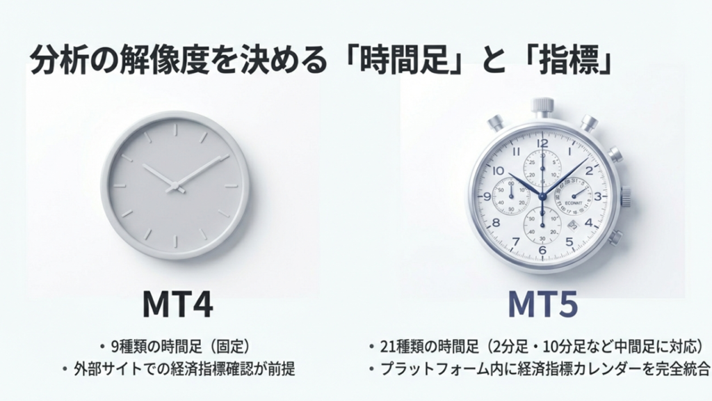 MT4は9種類の時間足、MT5は21種類の時間足と経済指標カレンダー統合を示す比較図