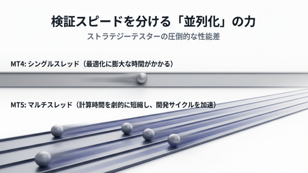 MT4のシングルスレッド検証とMT5のマルチスレッド高速検証の比較図