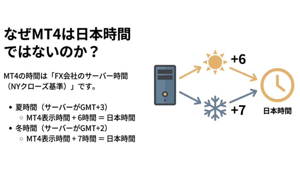 サーバー時間と日本時間の6時間7時間差の図解