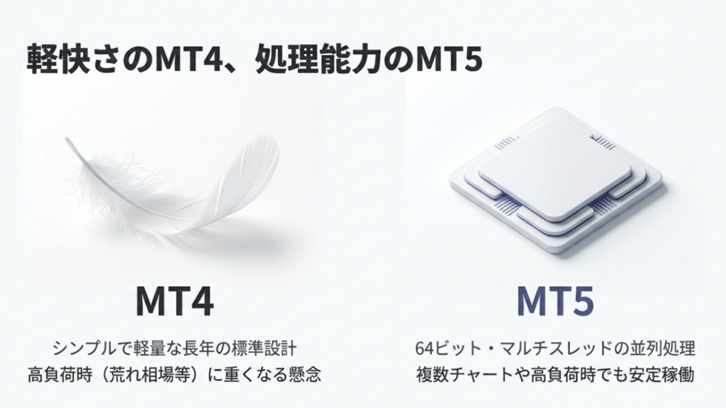 MT4は軽量設計、MT5は64bitマルチスレッド処理という基本性能の違いを示す図