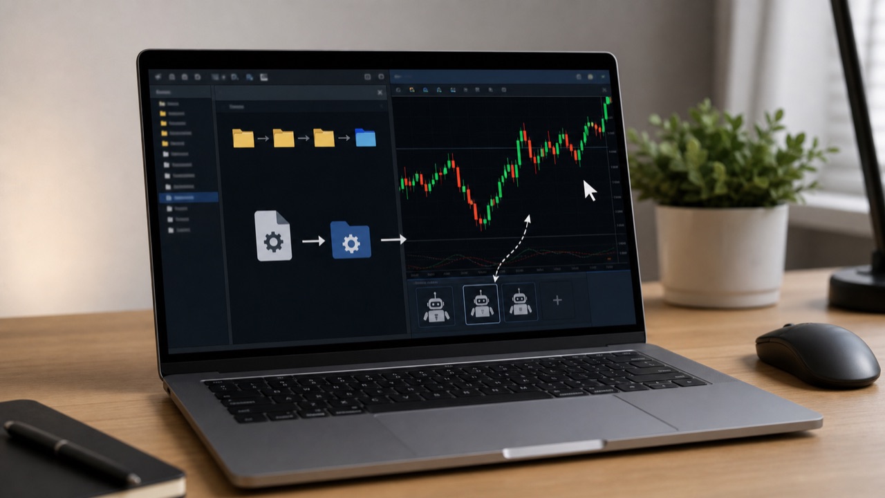 MT4のExpertsフォルダへEAを入れてチャートへ設定するイメージ