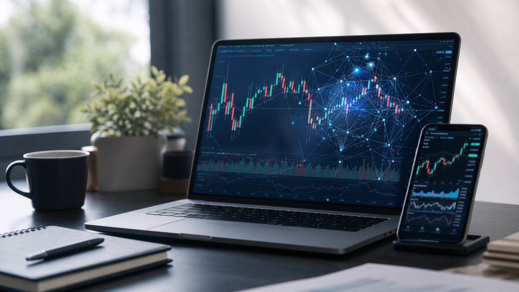 FX AIの仕組みを解説する取引画面とAIネットワーク