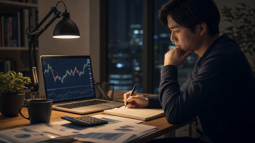 FX自動売買で生活するために収支計画を確認するトレーダー