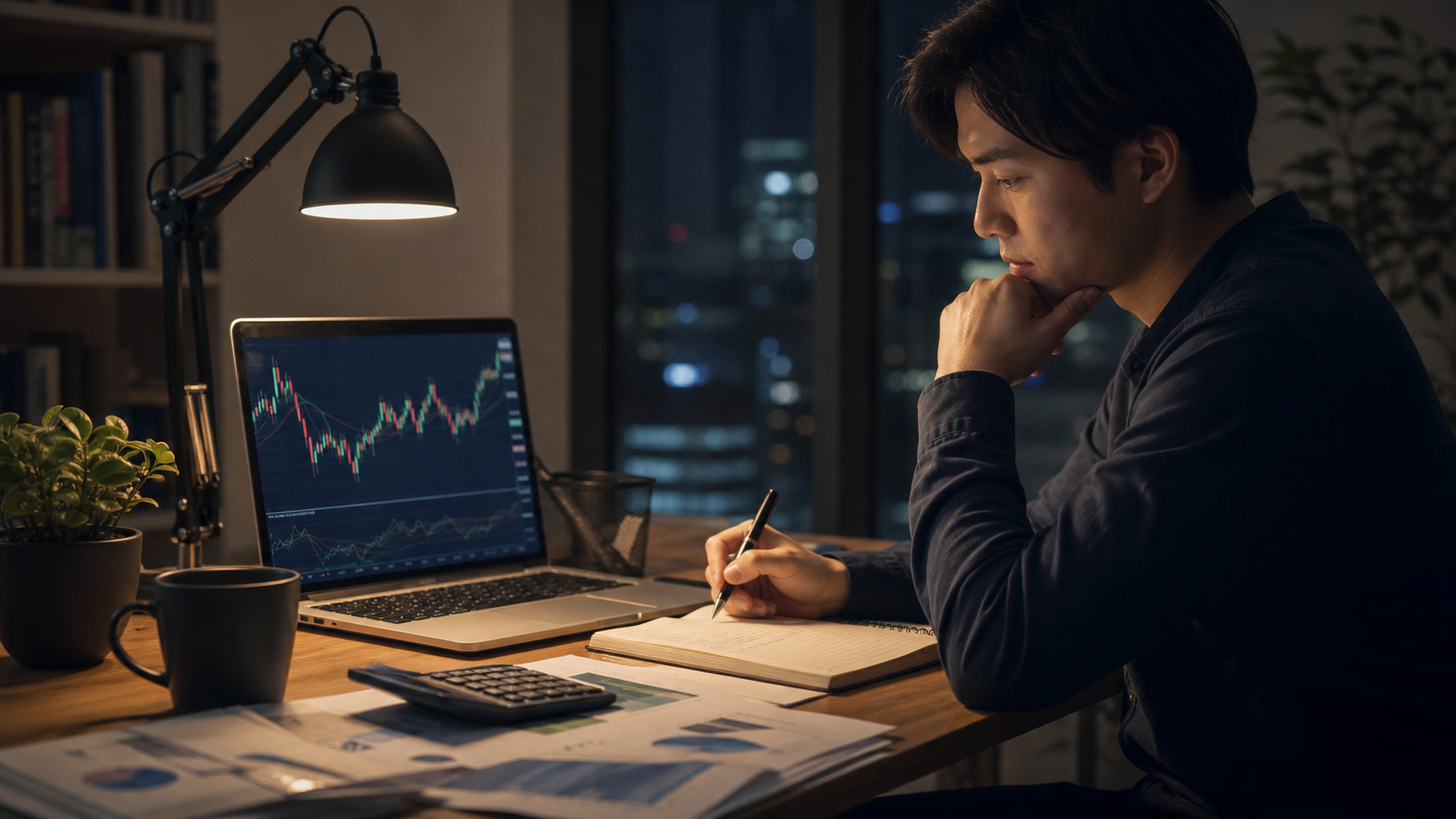 FX自動売買で生活するために収支計画を確認するトレーダー