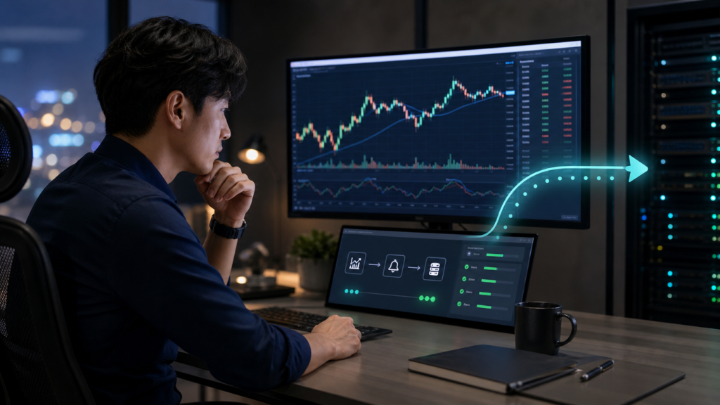 TradingViewのチャート信号を外部サーバーへ連携してFX自動売買を動かすイメージ