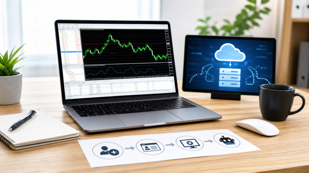 FX自動売買をMT4で始める流れとVPS環境のイメージ