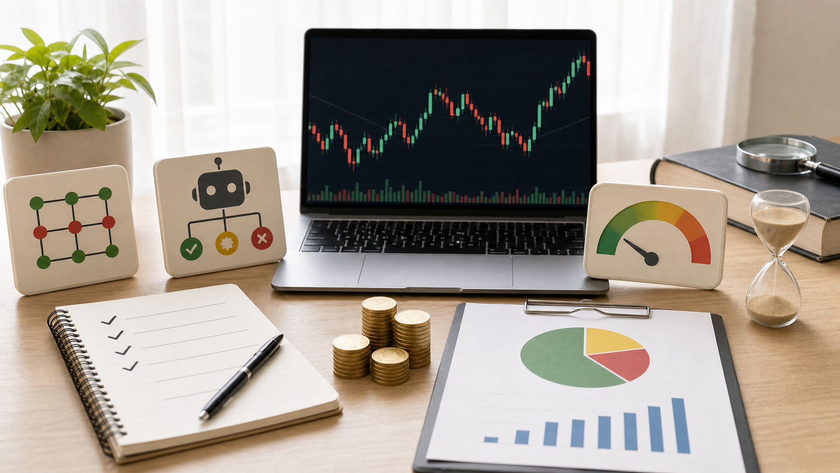 資金管理と検証を確認しながらFX自動売買の方式を選ぶデスク風景