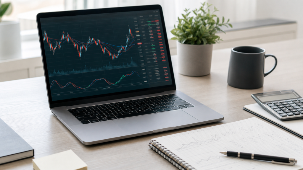 FX自動売買が儲かるかをチャートとノートで冷静に検証するデスク風景