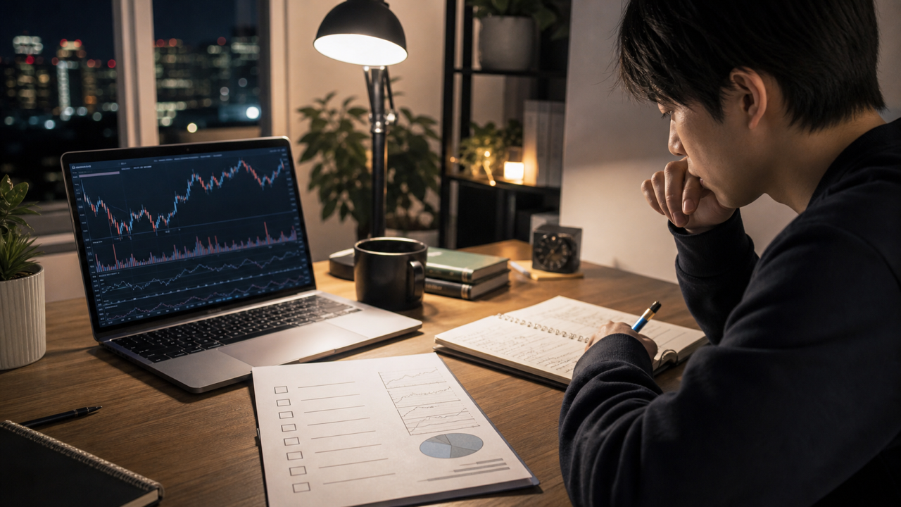 FX自動売買の検証計画をチャートとチェックリストで確認する様子