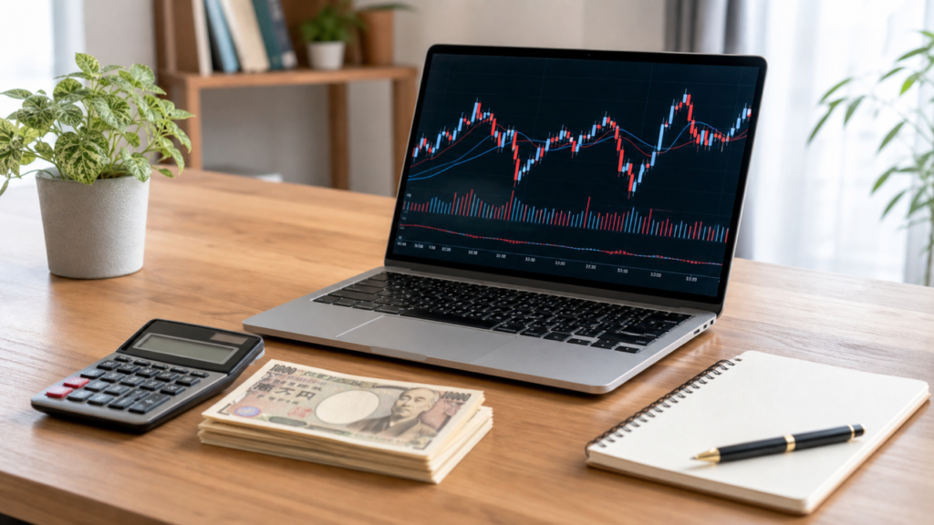 FX自動売買の最低資金を考えるためのチャート画面と資金計画のデスク