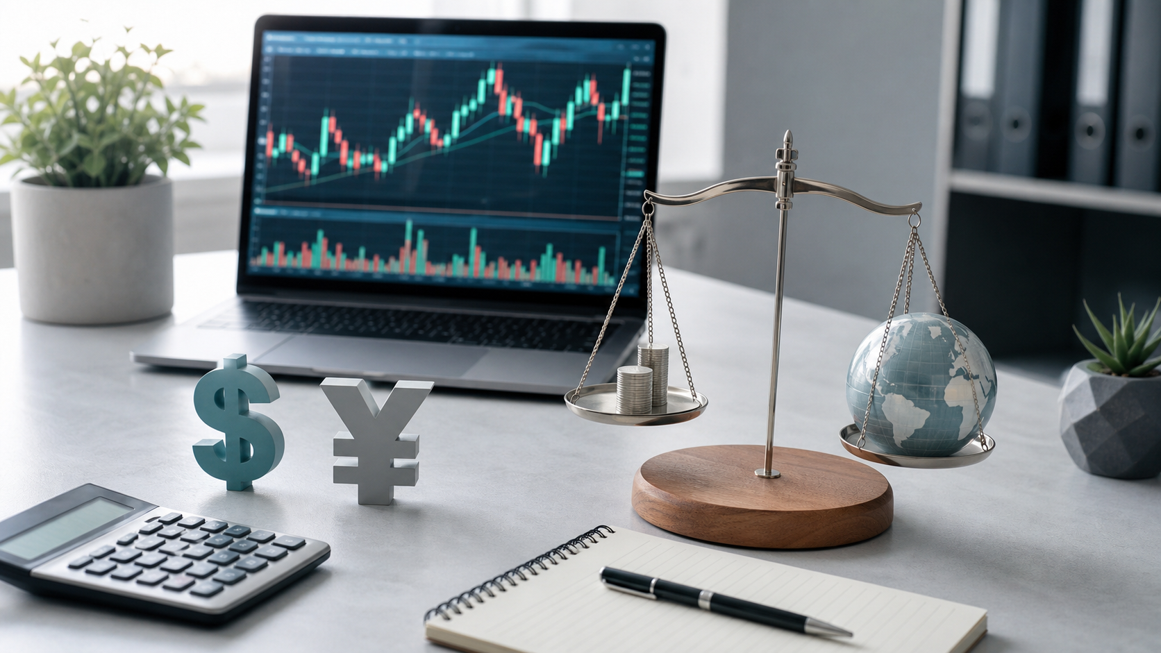 FX海外レバレッジの仕組みを示すチャートと天秤のイメージ