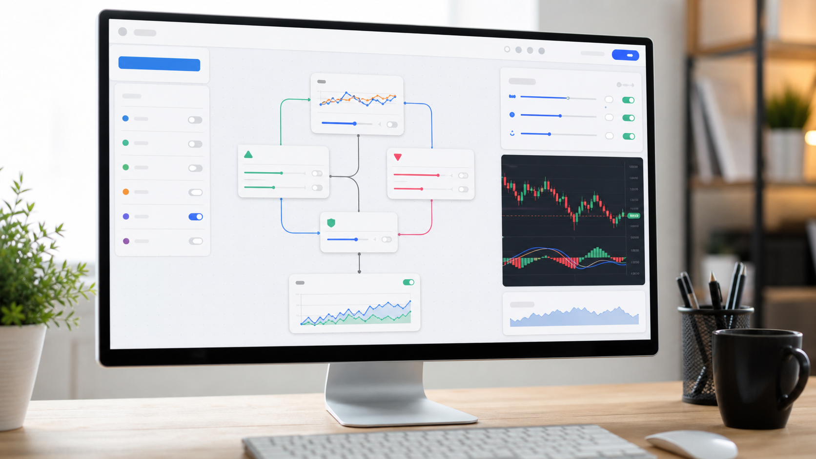 ノーコード画面でMACD EAの条件を組み立てるイメージ