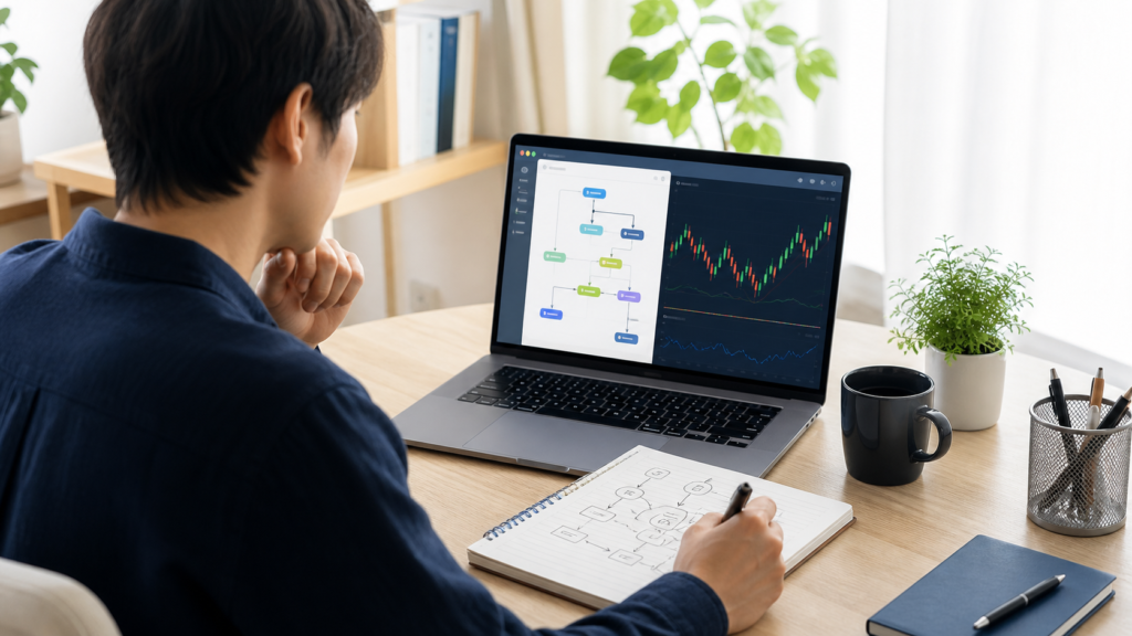 EA自作を初心者がノーコードで始めるために設計と相場画面を確認する様子