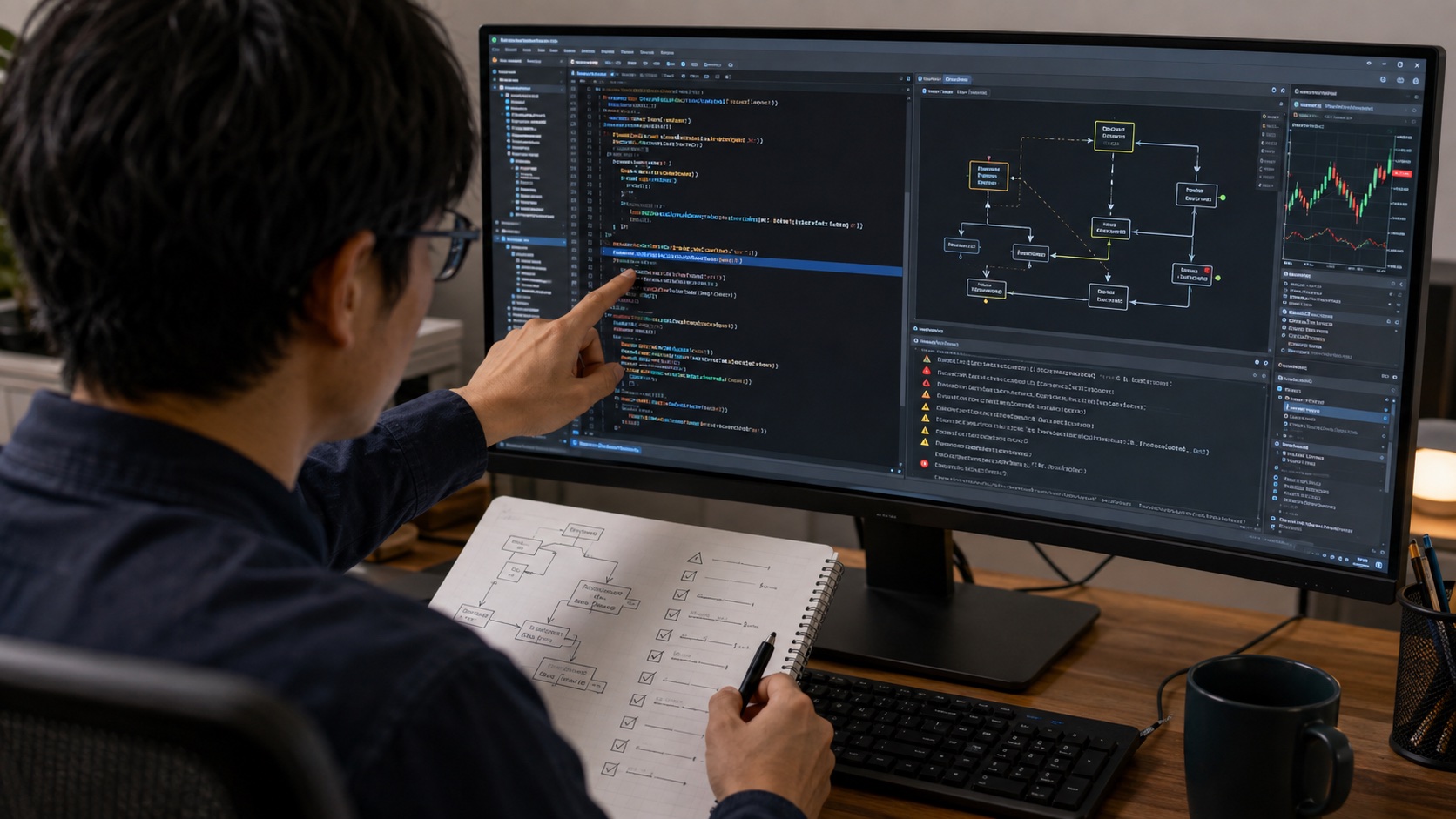 ChatGPTが作成したFX自動売買EAのMQLコードを人がエラー確認する画面