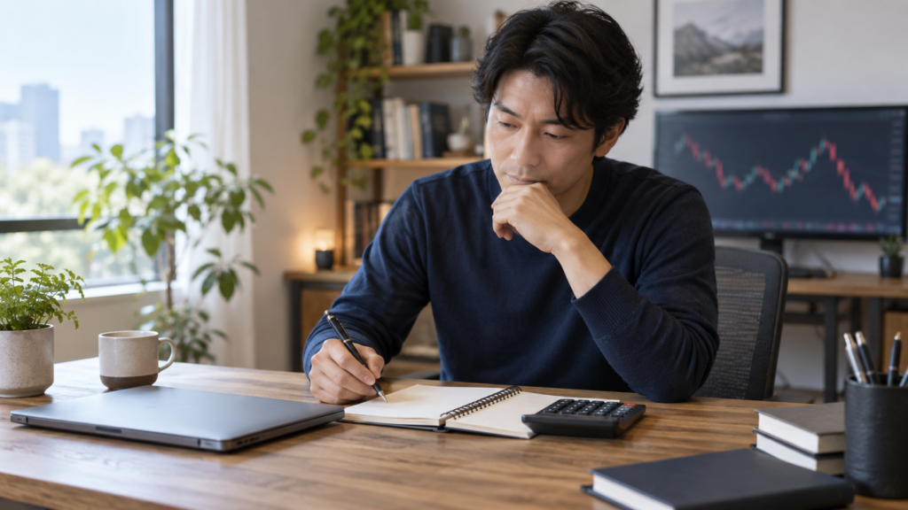 FXで大損した後に落ち着いて資金の立て直し計画を考えるトレーダー