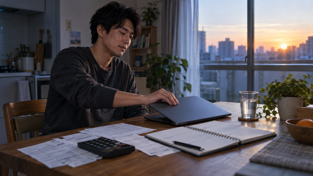 FXで人生終わったと感じた人が取引を止め、朝の光の中で生活再建を始める様子