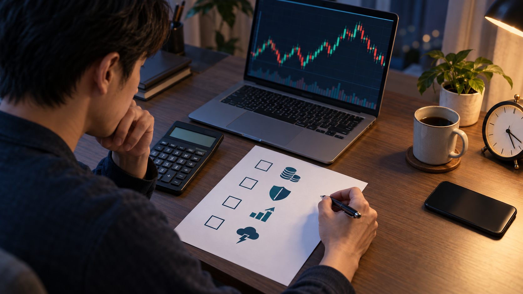FXの週末持ち越し後に損切りと証拠金維持率を確認するトレーダー