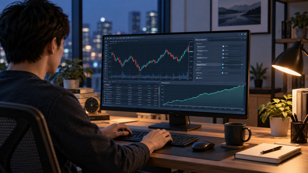 MT4でEA設定とバックテストを確認するトレーダーの作業環境