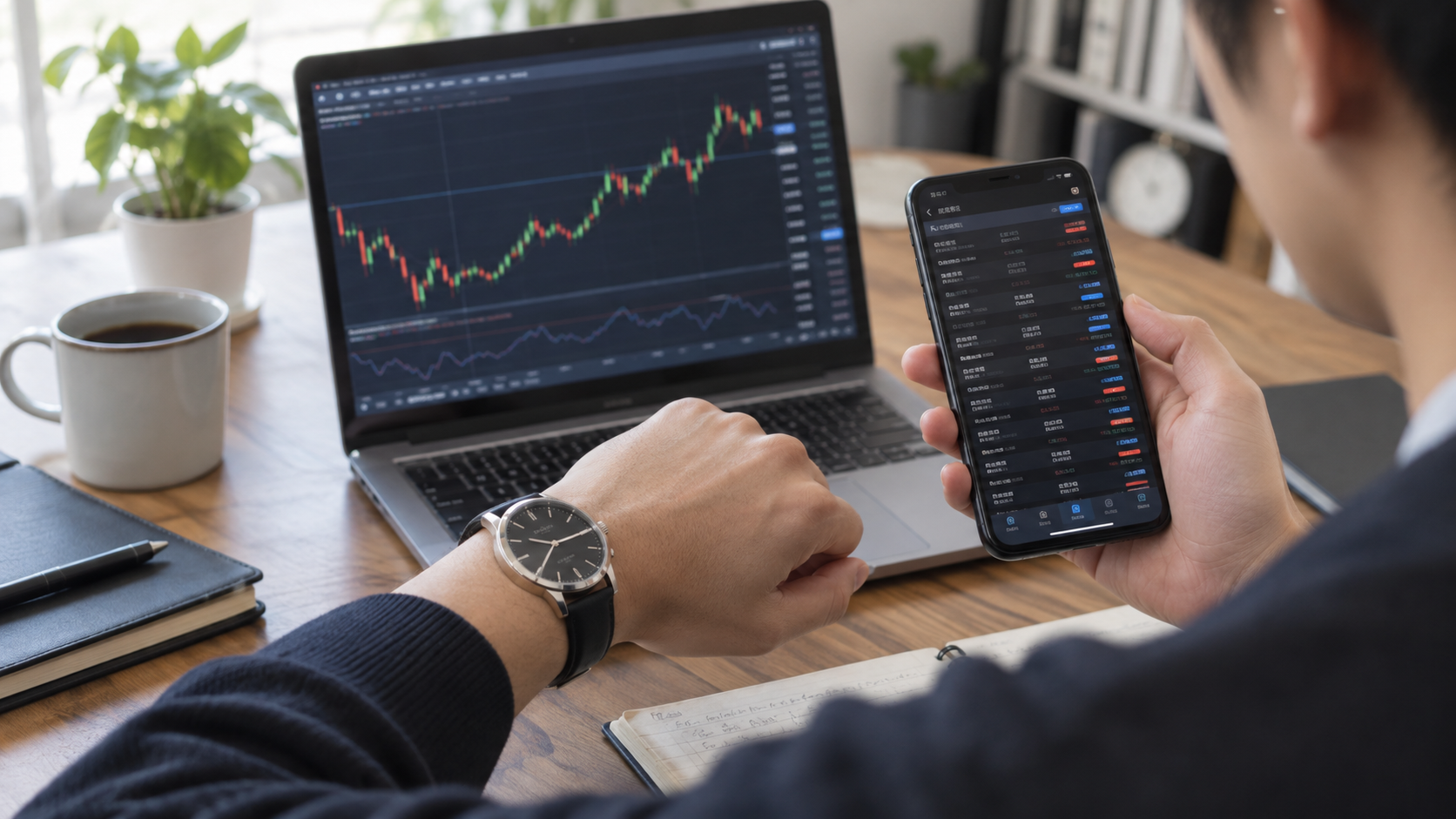 MT4スマホアプリの取引履歴時刻をPCチャートと腕時計で照合する様子