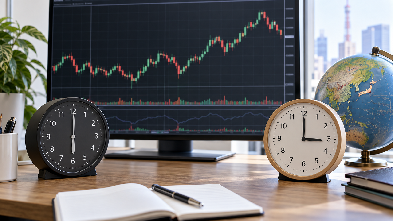 MT4のサーバー時間と日本時間の差を2つの時計で確認する取引画面