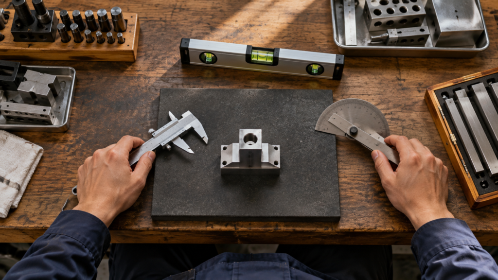 三つの異なる測定器を並べて基準物を確かめる作業台