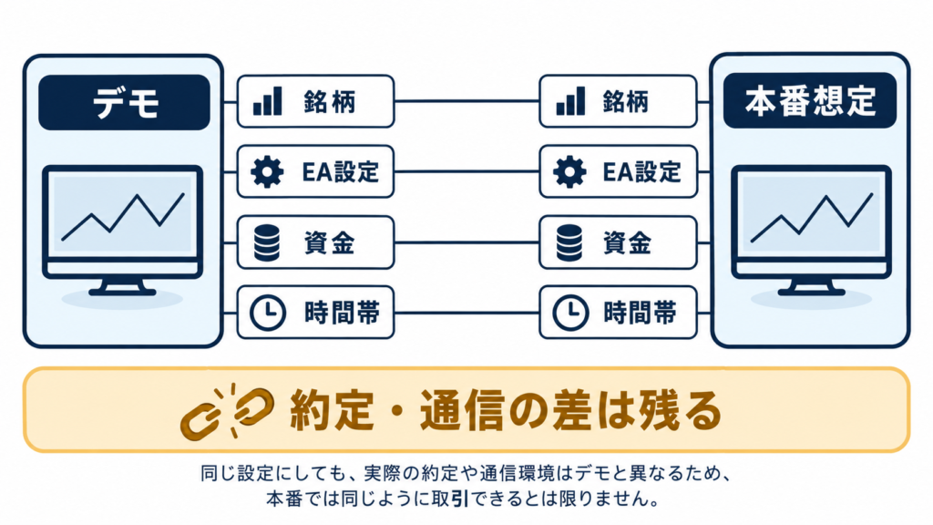デモと本番想定でEA設定や資金条件を合わせても約定条件の差が残る概念図