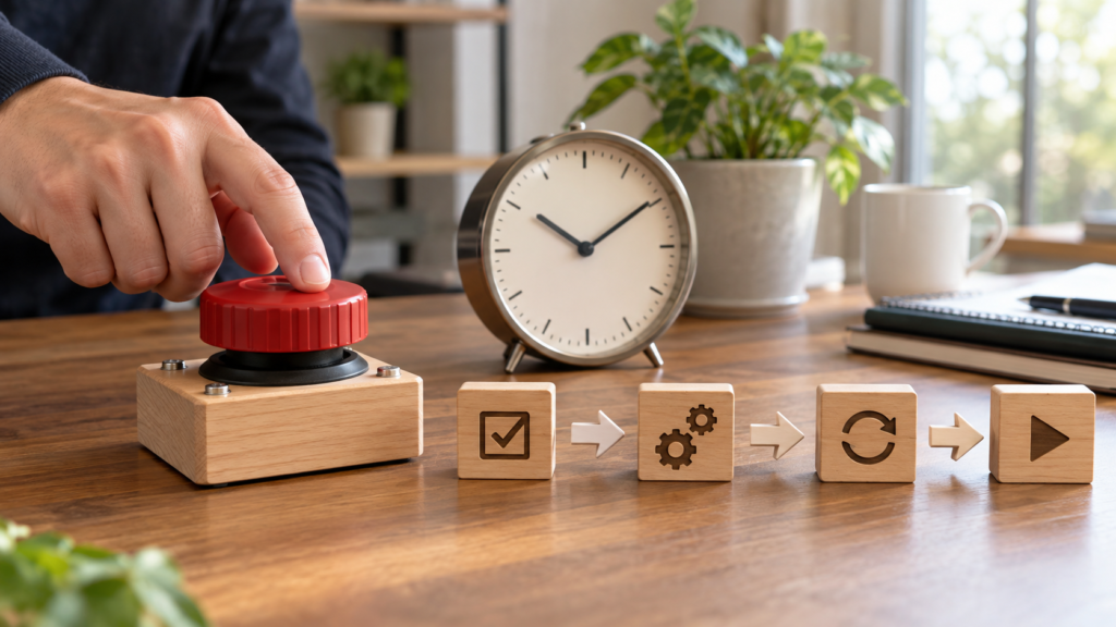 リセット用のつまみと時計を並べ再開手順を確認する模型の説明用イメージ