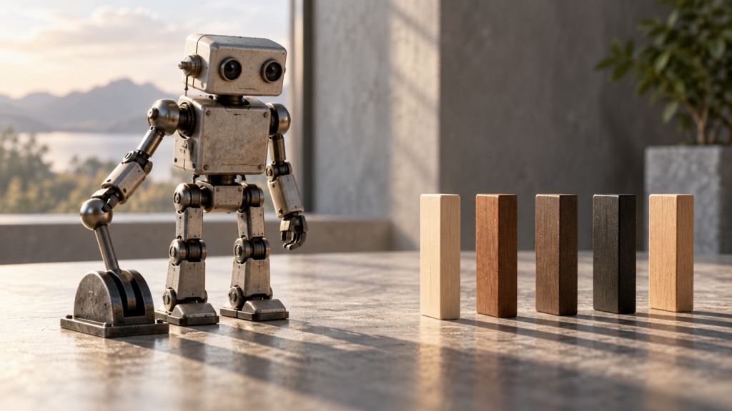 停止したロボットの横に取引を表すブロックが残っているイメージ