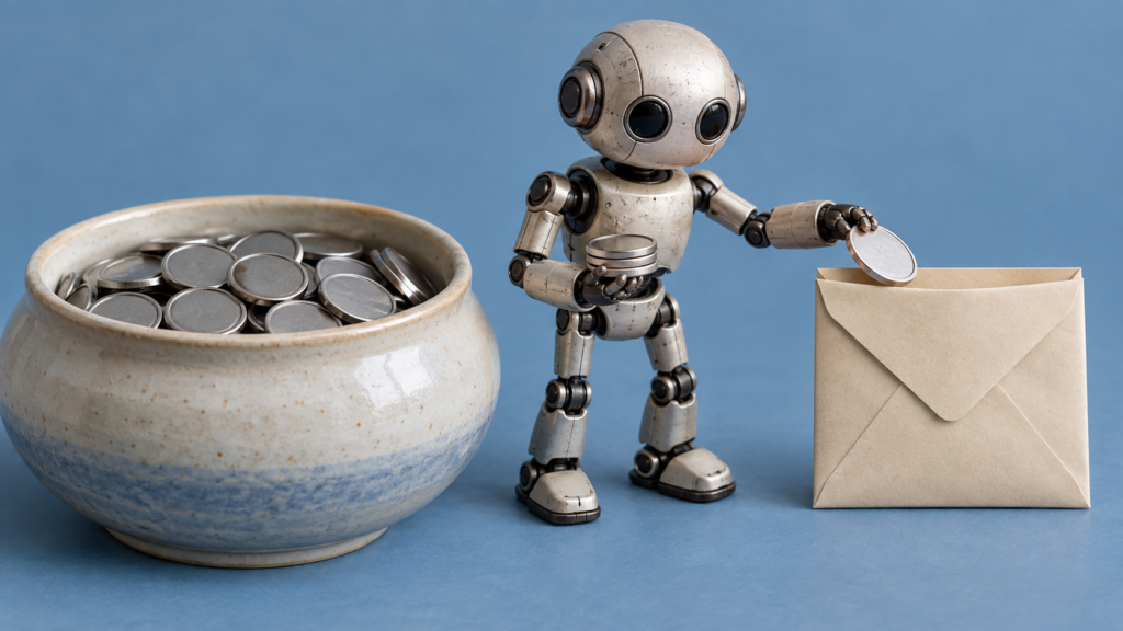 資金を残した容器と封筒の間でトークンを扱う小さなロボットのイメージ