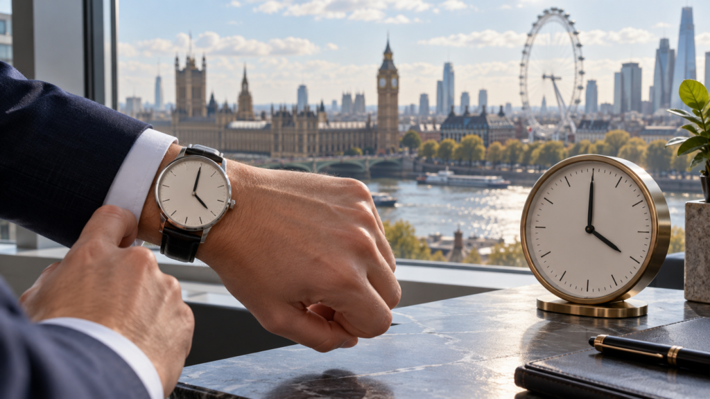 ロンドンの午後に時計を確認するフィックス前の準備イメージ