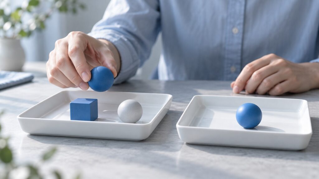 形と色の異なる小物を一つずつ照合する二つのトレー