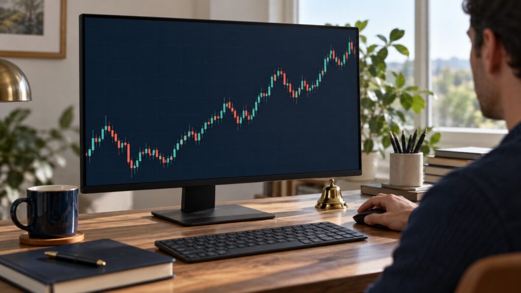 相場チャートを表示したモニターの横にベルを置いたデスク