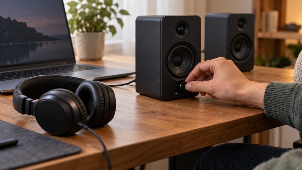 パソコンの横で外部スピーカーの音量を調整する手