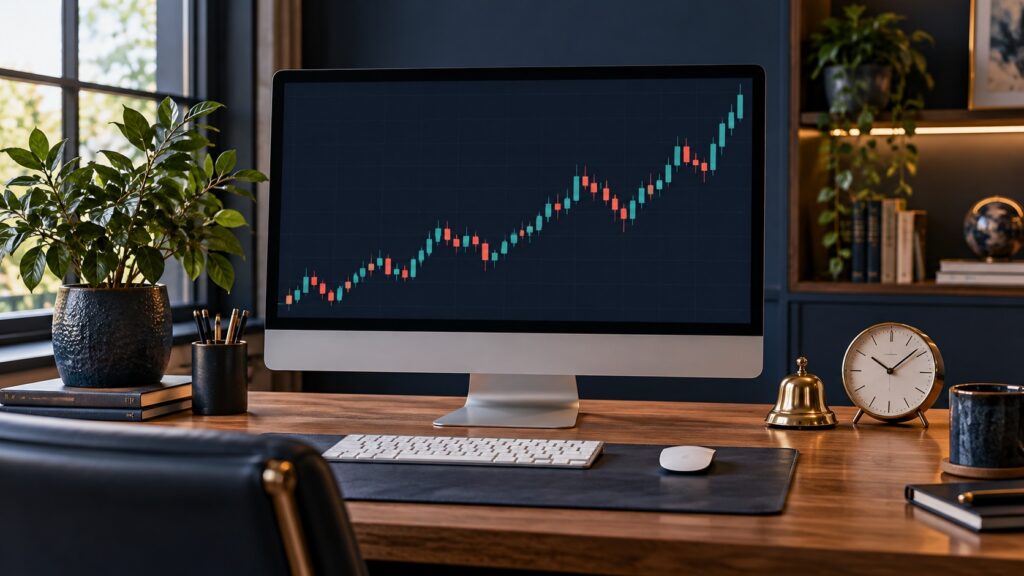 相場チャートのモニターと価格アラートを表すベルと時計