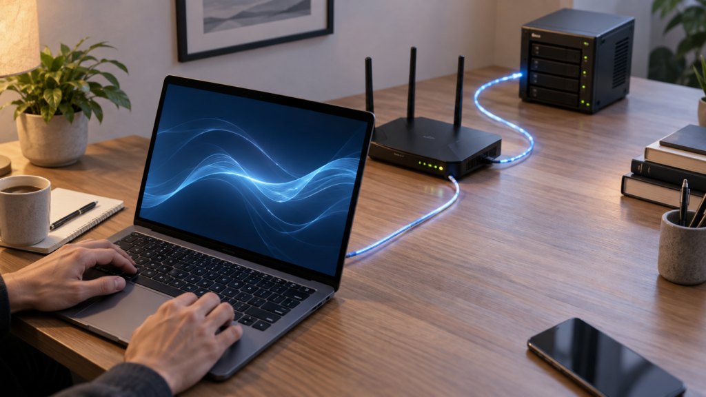 PC・ルーター・サーバー模型を並べて通信経路を確認するイメージ