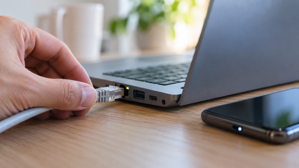 稼働PCのLANケーブルとスマホを別々に点検するイメージ