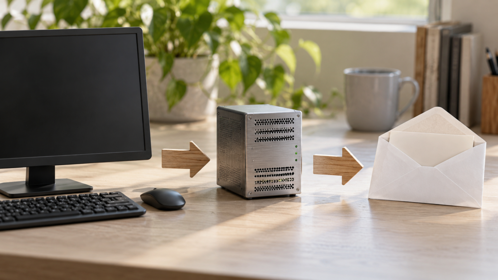 PCからサーバーを経て封筒を届ける三段階のイメージ