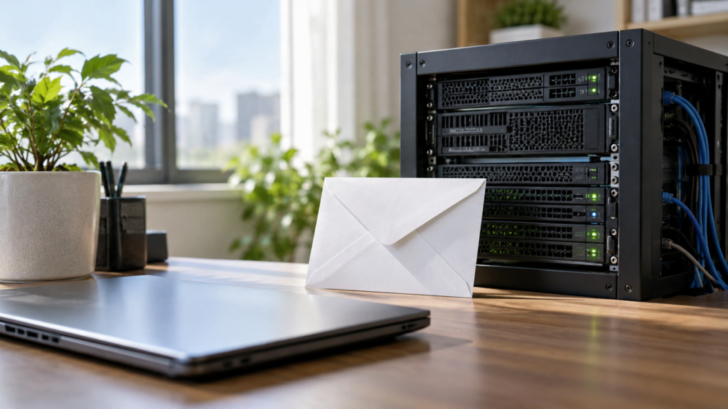 閉じた手元PCと稼働中のサーバーを分けたイメージ