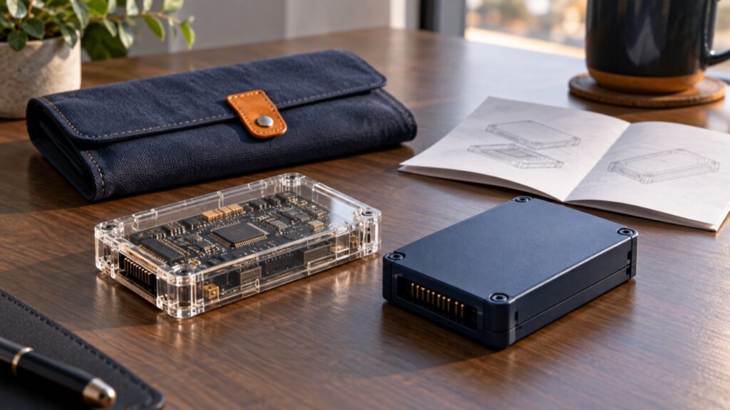 ソースと実行用ファイルの違いを表した透明ケースと完成したデータ部品