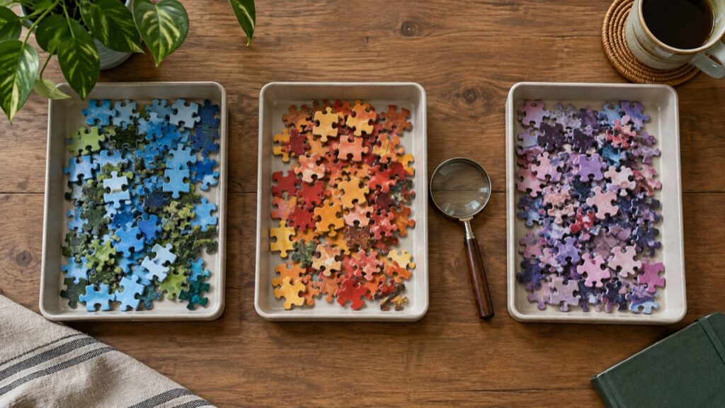 違う形のパズル片を分けた三つのトレーと虫眼鏡