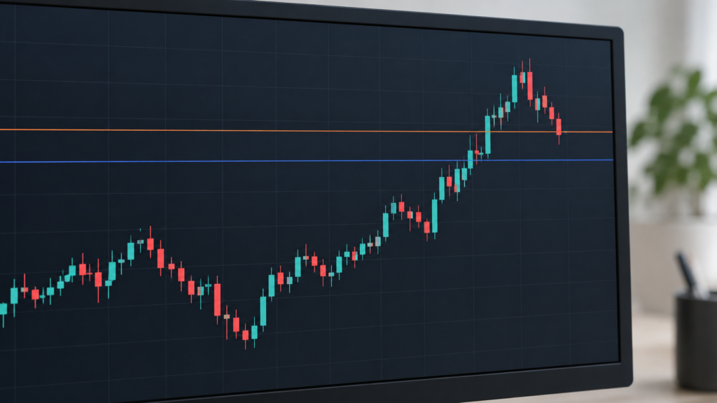 抽象的なチャート上に二本の現在価格ラインを置いた表示の概念図